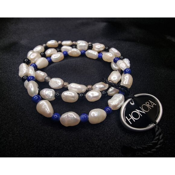 Honora Freshwater Pearl & Blue Bead Stretch Bracelets Set Of 3 - Picture 1 of 5